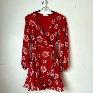 Gently used - Beautiful red wrap dress for summer and spring. Sheer long sleeves